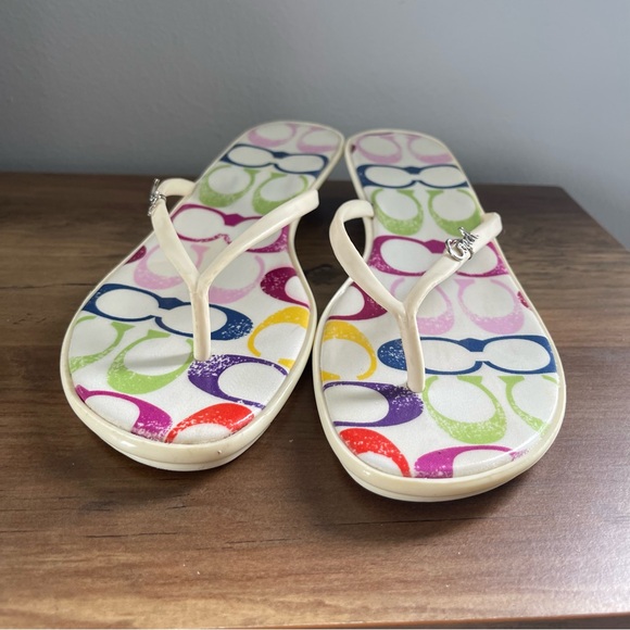 Coach Dorann Wedge Thong Flip Flops Sandals 8 Cream Colorful Logo - Picture 2 of 14